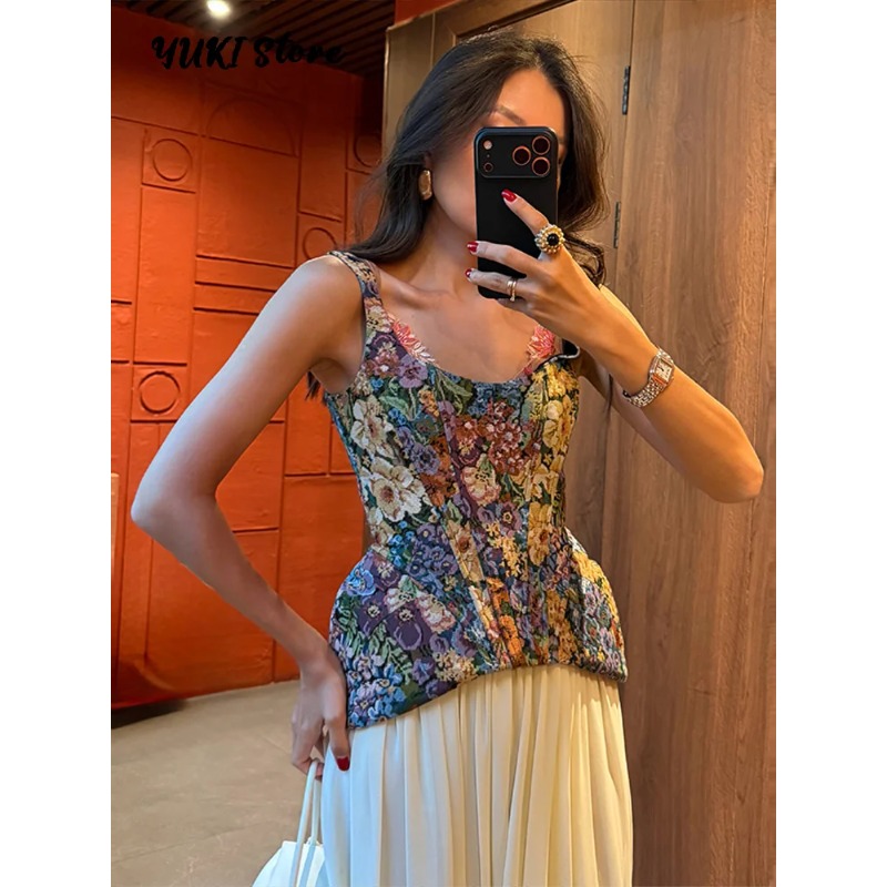Corset Waist Cinch - 花柄プリント ウエストシェイプ レディース コルセット シック ノースリーブ
