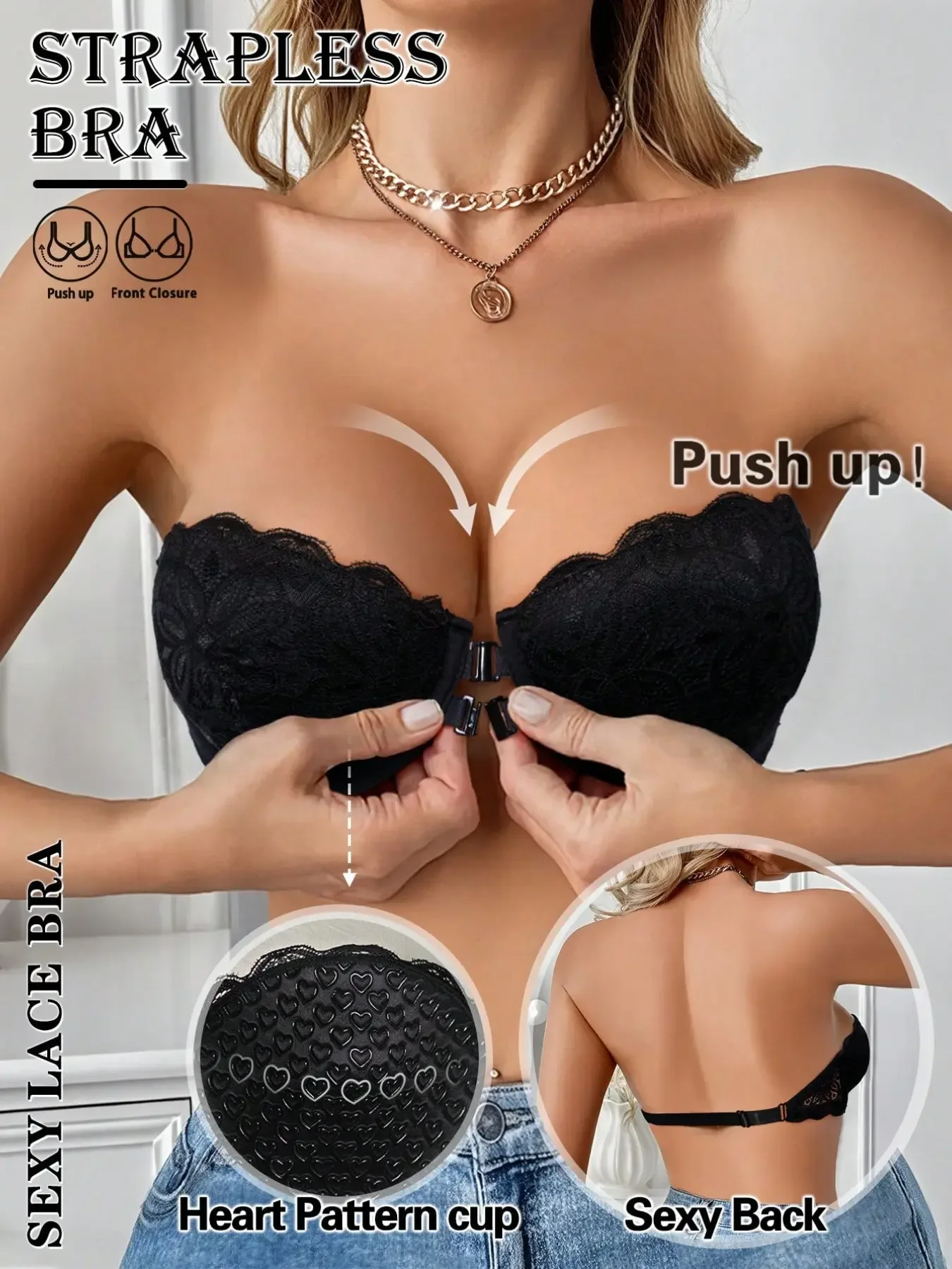 セクシーなレーストリム付きフロントバックルストラップレスプッ - Strapless Bra Backless のレビューと価格