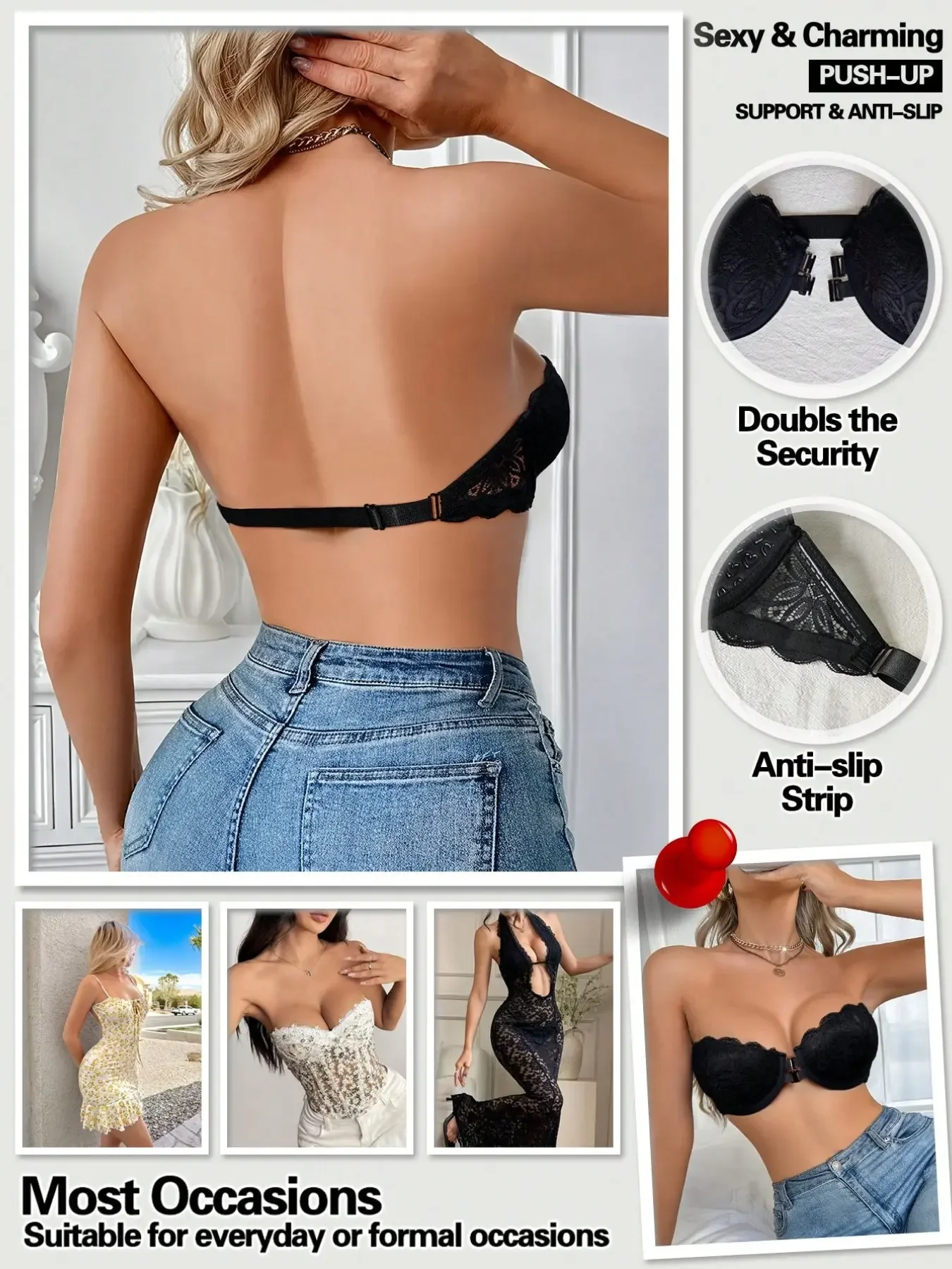 セクシーなレーストリム付きフロントバックルストラップレスプッ - Strapless Bra Backless のレビューと価格